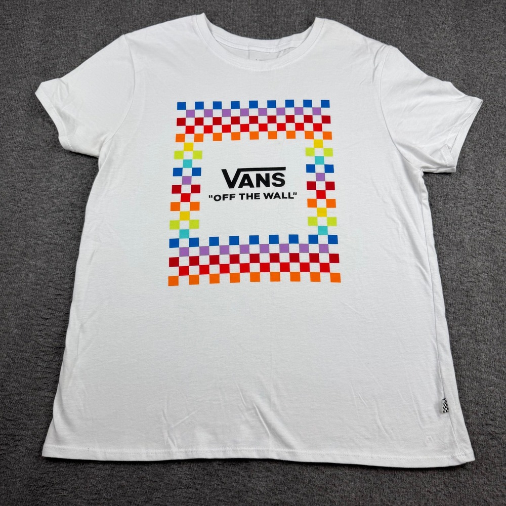 Vans Off The Wall Rainbow Checkerboard Graphic T-Shirt White Women's M Medium